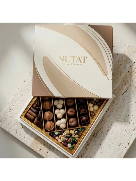 Nutat 365GR Hediyelik Özel Spesiyal Çikolata & Karışık Draje Kutusu - 8 Farklı Gurme Lezzet  Kahverengi Pastel ürün görseli 1