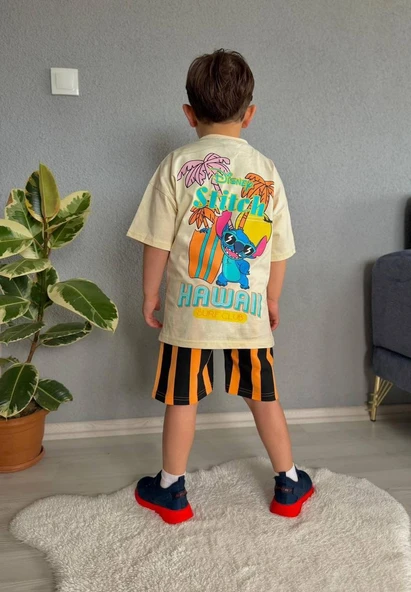Cg Kids Stitch Hawai Baskılı Erkek Çocuk Tshirt Şort Alt Üst Takım Sırt Baskı Detaylı ürün görseli 1