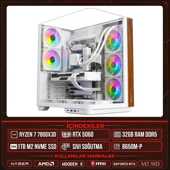 Xaser WOODEN X80 Ryzen 7 7800X3D 32GB DDR5 Ram 1TB M.2 NVMe SSD 8GB RTX5060 Sıvı Soğutmalı Masaüstü Oyuncu OEM Bilgisayar ürün görseli 1