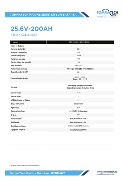 Tommatech LFP MRN1 Series 200AH 25.6V LV - Resim 3