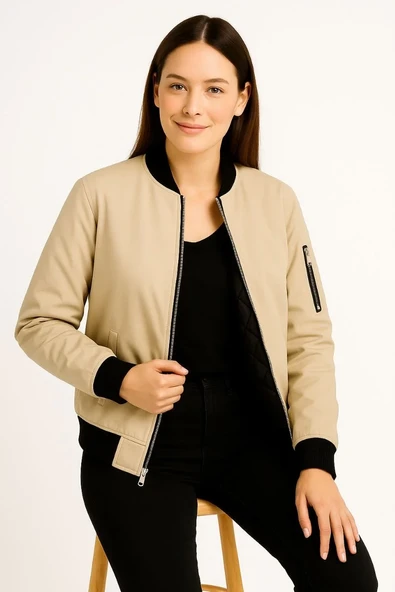 Kadın Bomber Mont Ceket – Fermuarlı, Kapitone İçi Astarlı, Su İtici Kumaş, Regular Fit, Yandan Cepli, Günlük Bahar & Kış Şık Rahat Stil - Bej ürün görseli 1