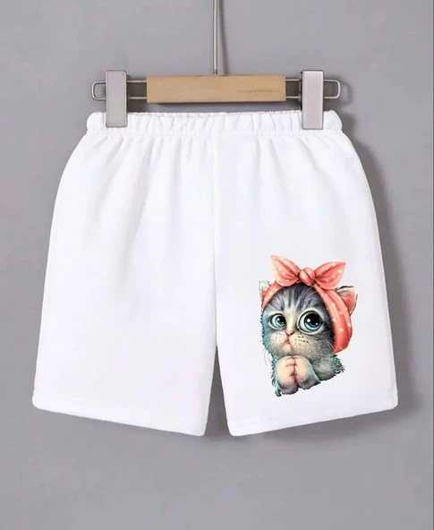 Kadın Beli Lastikli Baskılı Mini Şort - Beyaz ürün görseli 1