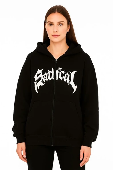 Kadın Kapüşonlu 3 İplik Şardonlu Önü Baskılı Fermuarlı Oversize Sweatshirt - Siyah ürün görseli 1