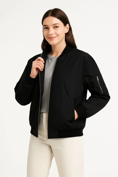 Kadın Bomber Mont Ceket – Fermuarlı, Kapitone İçi Astarlı, Su İtici Kumaş, Regular Fit, Yandan Cepli, Günlük Bahar & Kış Şık Rahat Stil - Siyah ürün görseli 1
