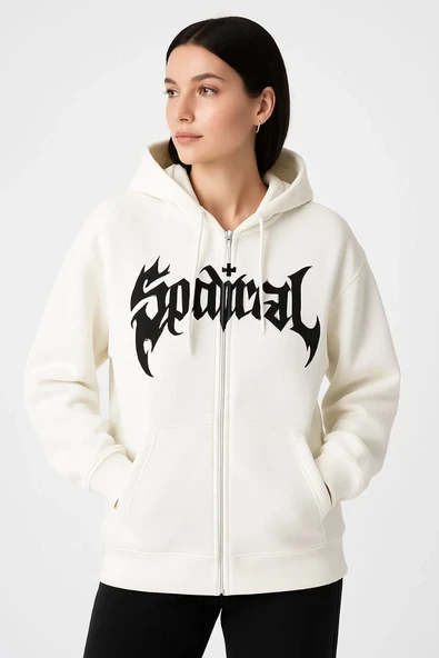 Kadın Kapüşonlu 3 İplik Şardonlu Önü Baskılı Fermuarlı Oversize Sweatshirt - Beyaz ürün görseli 1