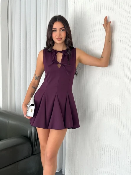 Göğüs Bağlamalı Kolsuz Mini Boy Elbise - Gül Kurusu - Resim 5