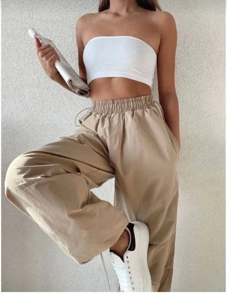 Kadın Cepli Paraşut Pantalon - Bej - Resim 2