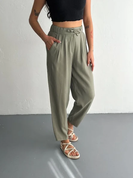 Kadın Yüksel Bel Beli Bağcıklı Cepli Rahat Paça Pantalon - Su Yeşili ürün görseli 1