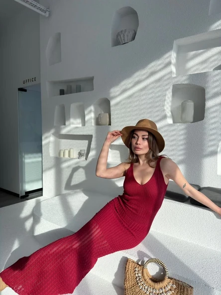 Örgülü Uzun Triko Elbise - Bordo - Resim 3