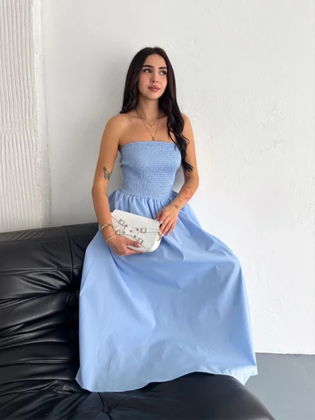 Straplez Pileli Elbise - Açık Mavi - Resim 4