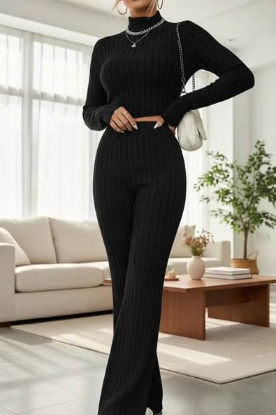 Kadın Siyah Boğazlı Crop Top Ve Yüksek Bel Eşofman Takımı Spor Şık Kombin ürün görseli 1