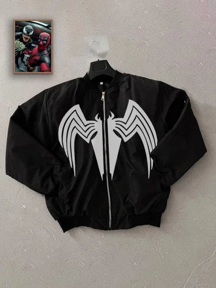 Unisex Siyah Bomber Mont – Venom Beyaz Örümcek Logolu, Fermuarlı Cepli, Kapitone Astarlı Günlük Mont - Siyah ürün görseli 1
