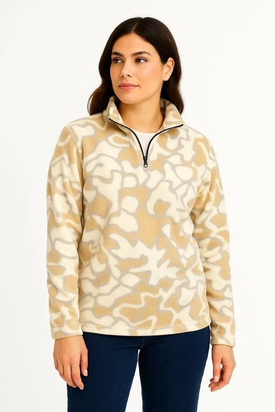 Kadın Yarım Fermuarlı Desenli Polar Sweat Yakalı, Uzun Kollu, Oversize Rahat Kalıp - Bej - Resim 2