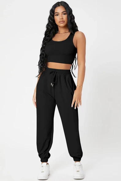 Kadın Siyah Kaşkorse Cepli Jogger Eşofman Altı Ve Crop Top Bluz ürün görseli 1