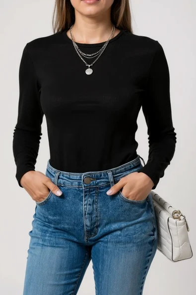 Kadın Siyah Uzun Kollu Fit Basic Crop Top Bluz - Resim 3