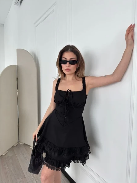 Mini Askılı Elbise - Siyah - Resim 5
