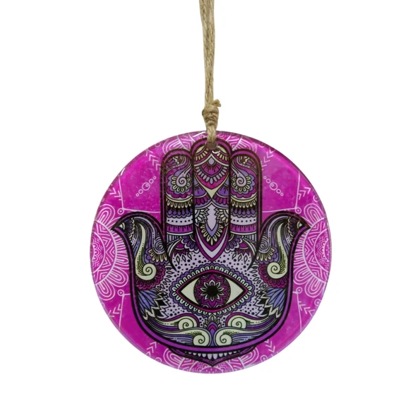 Fuşya Cam Hamsa El Duvar Dekoru - 16 cm Dekoratif Mandala Desenli Cam Süs ürün görseli 1