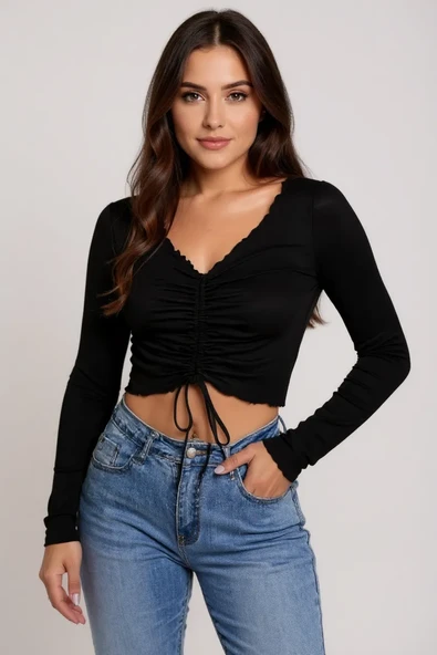 Kadın Siyah Uzun Kollu Büzdürme Bağcık Detaylı Crop Top Bluz – Şık, Rahat Ve Kolay Kombinlenebilir ürün görseli 1