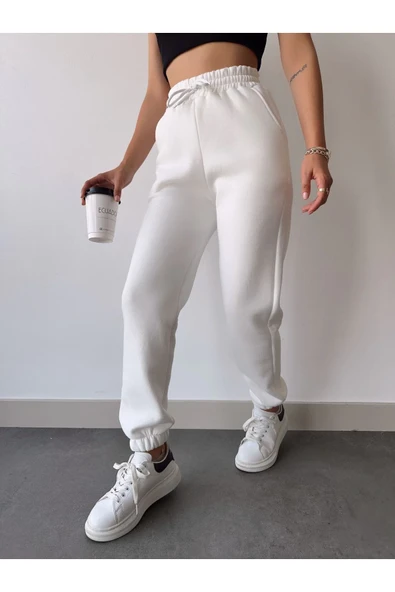 Üç İplik Basic Lastikli Eşofman Pantolon - Beyaz - Resim 5