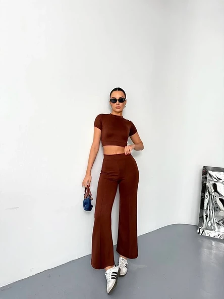 Osy Modal Yumuşak Dokulu Kumaş Kısa Kollu Crop Alt İspanyol Paça Pantalon İkili Takım - Kahverengi ürün görseli 1