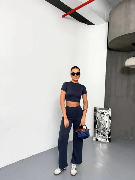 Osy Modal Yumuşak Dokulu Kumaş Kısa Kollu Crop Alt İspanyol Paça Pantalon İkili Takım - Füme ürün görseli 1