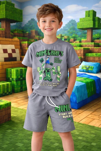 Cg Kids Minecraft Sof Gri Tshirt & Şort Alt Üst Takım Süper Kalite Sırt Baskı Detay ürün görseli 1