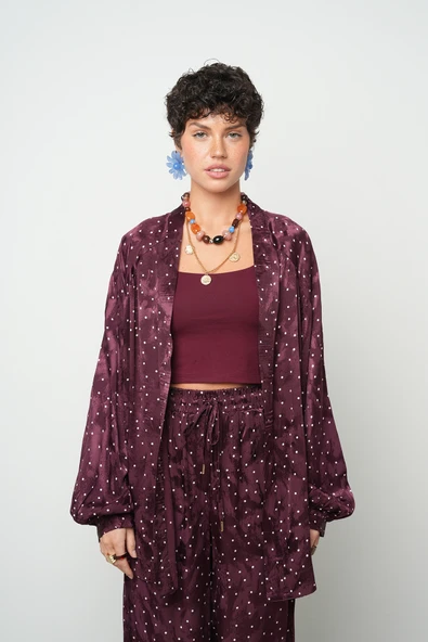 Kadın Bordo Puantiye Desenli Standart Beden Kimono ürün görseli 1