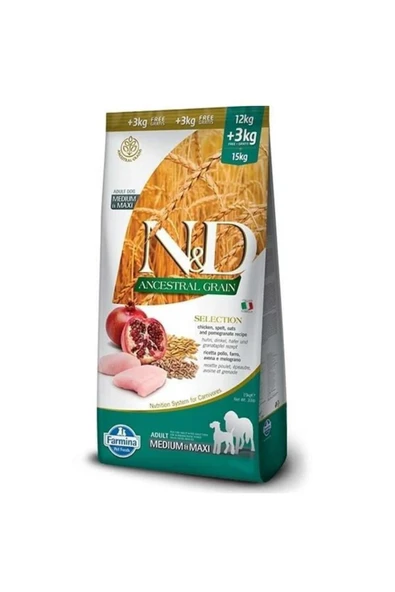 N&D Az Tahıllı Tavuklu ve Narlı Orta ve İri Irk Yetişkin Köpek Maması 12+3 Kg ürün görseli 1