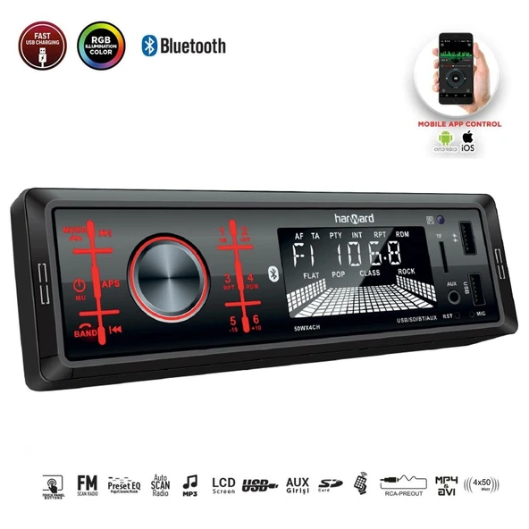 HARWARD HR-MX652 Oto Teyp 4X50 Watt Bluetooth Mobil Aplikasyon 2xUsb Sd Fm Aux ürün görseli 1