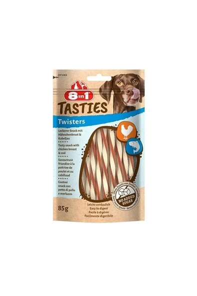 8İN1 Tasties Twisters Tavuklu ve Balıklı Burgu Köpek Kemik Ödülü 1 Adet 85 Gr ürün görseli 1