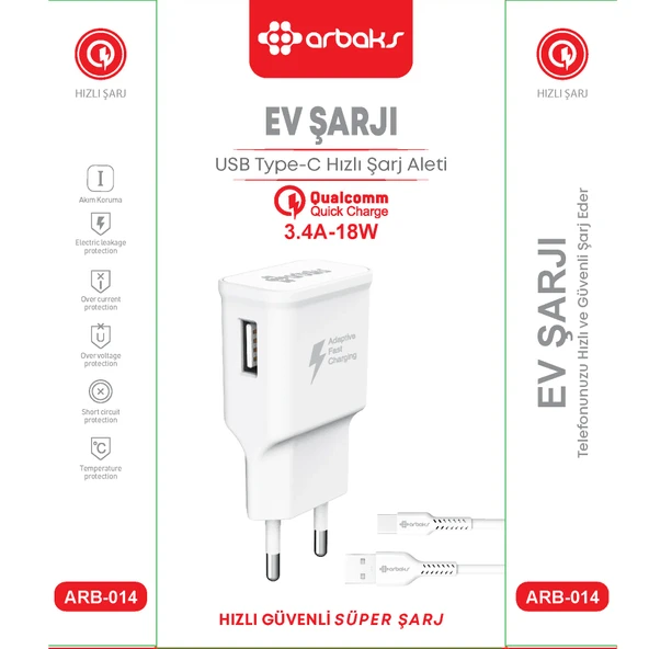 Norino TYPE-C / 3.4A-18W Qualcomm Hızlı Şarj Aleti Arbaks ARB-014 ürün görseli 1