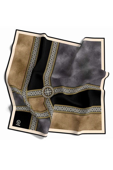Twill Geometrik Desenli Gri Renkli 90x90 Eşarp (İpek İçermez) Kenar Dikiş Şekli El Dikişli ürün görseli 1