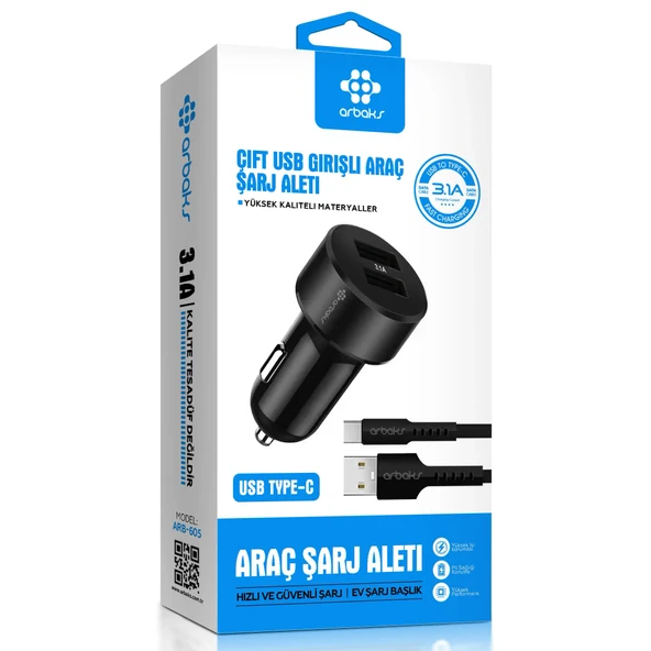 Norino 3.1A Çift Usb Girişli (Type-c) Kablolu Araç Şarj Aleti Arbaks ARB-605 ürün görseli 1