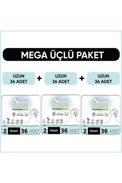 Sleepy Bio Natural Premium Plus Hijyenik Ped Mega Paket Uzun 36X3 Adet ürün görseli 1