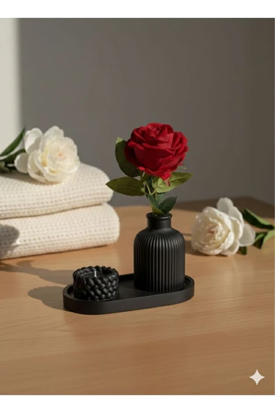 MODESTA HOME Modern Tepsili Dekoratif Vazo ve Mumluk Seti – Masa Üstü Ev Dekoru Set ürün görseli 1