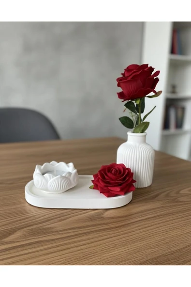 MODESTA HOME Modern Tepsili Dekoratif Vazo ve Lotus Mumluk Seti – Masa Üstü Ev Dekoru ürün görseli 1