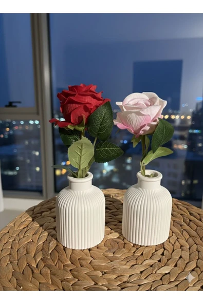 MODESTA HOME 2’li Dekoratif Seramik Vazo Seti Beyaz – Çizgili Mini Vazo Masa Üstü Ev Aksesuarı ürün görseli 1
