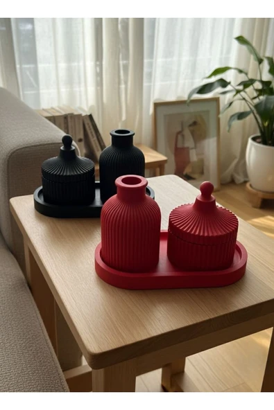 MODESTA HOME El Yapımı Taş Tozu Dekoratif Vazo & Kapaklı Kutu Seti – 3’lü Modern Minimal Ev Dekoru ürün görseli 1