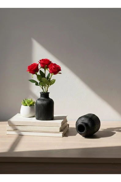 MODESTA HOME 2’li Dekoratif Beton Vazo Seti Siyah – Çizgili Mini Vazo Masa Üstü Ev Aksesuarı ürün görseli 1