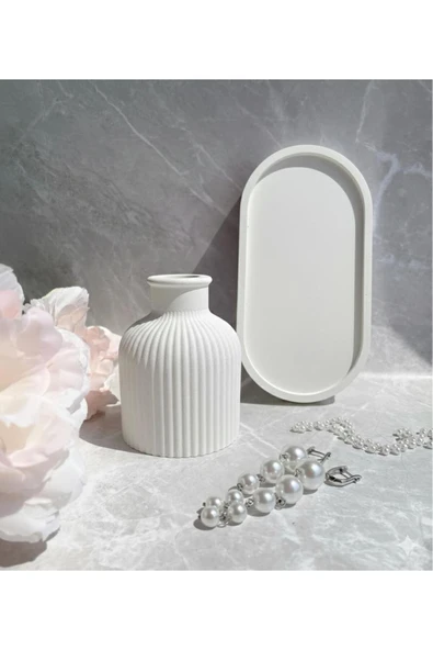 MODESTA HOME Minimal Seramik Vazo ve Oval Tepsi Seti – Modern & Bohem Masa Üstü Dekoru ürün görseli 1