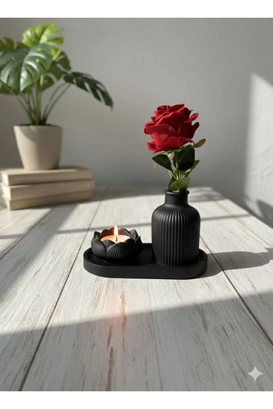 MODESTA HOME Modern Tepsili Dekoratif Vazo ve Mumluk Seti – Masa Üstü Ev Dekoru ürün görseli 1