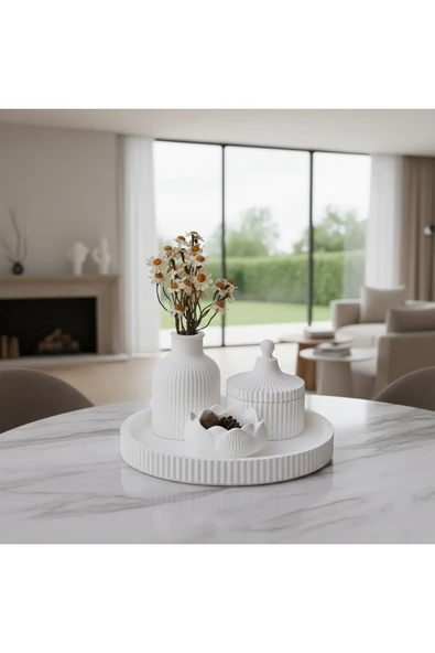 MODESTA HOME El Yapımı Dekoratif Tepsi Seti | Vazo, Kapaklı Kutu ve Lotus Mumluk | Modern Ev Dekoru | Taş Tozu ürün görseli 1