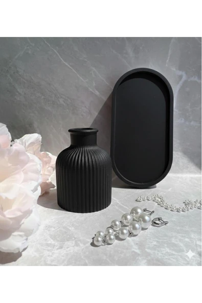 MODESTA HOME Minimal Beton Vazo ve Oval Tepsi Seti – Modern & Bohem Masa Üstü Dekoru ürün görseli 1