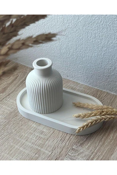 MODESTA HOME Minimal Beton Vazo ve Oval Tepsi Seti – Modern & Bohem Masa Üstü Dekoru ürün görseli 1
