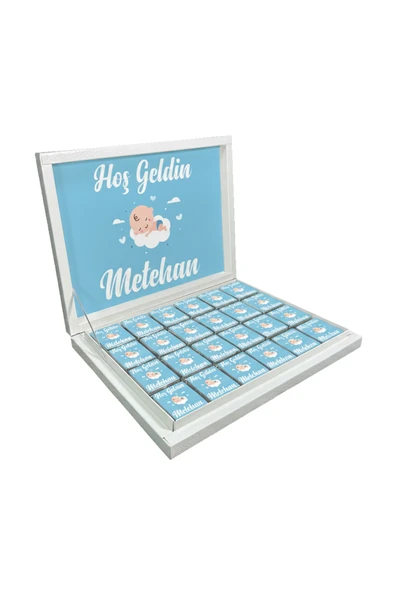 Kişiye Özel İsimli Erkek Bebek Çikolatası Sunum Kutulu Bebek Çikolatası (72 Adet Madlen Çİkolata) ürün görseli 1