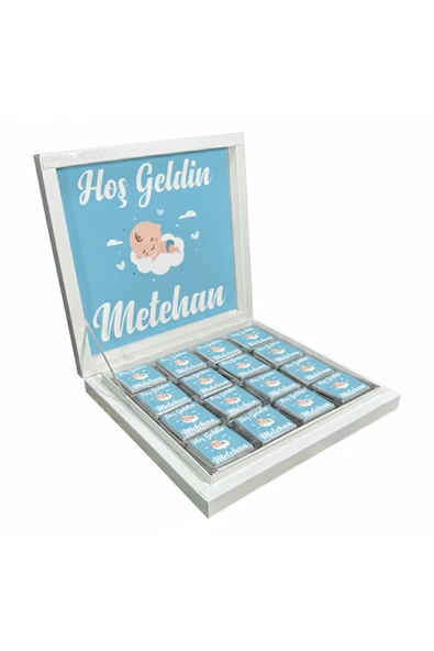 Kişiye Özel İsimli Erkek Bebek Çikolatası Sunum Kutulu Bebek Çikolatası (32 Adet Madlen Çİkolata) ürün görseli 1