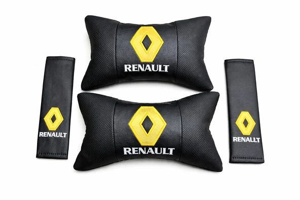 Renault Nakışlı Megane Clio Deri 1 Çift Boyun Yastık Ve 1 Çift Kemer Pedi NOKTALI DÜZ DERİ ürün görseli 1