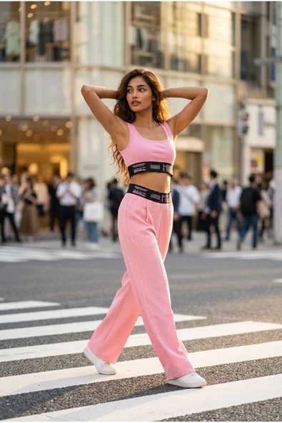 Crop Top Atlet ve Yandan Fermuar Cepli Pantolon Trend Alt Üst Takım ürün görseli 1