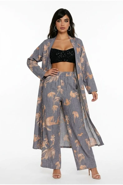 Kadın Desenli Kimono Gömlek Pantolon Takım Trend Alt Üst Takım ürün görseli 1