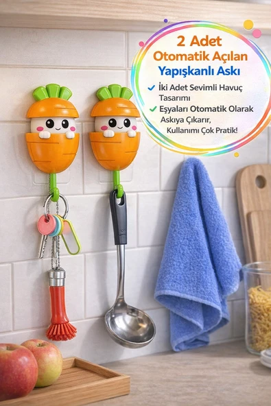 2’li Havuç Askı Otomatik Açılan Yapışkanlı Duvar Askısı Anahtar Havlu Tutucu Organizer ürün görseli 1